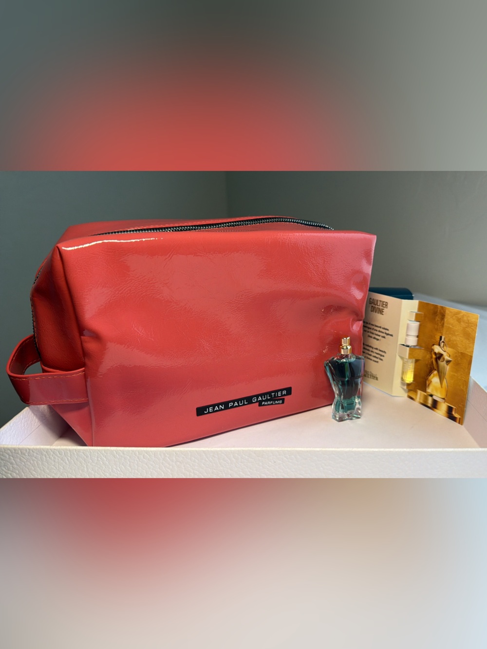 New & authentic Jean Paul Gaultier Beauty large patent Cosmetic Bag with 2 items